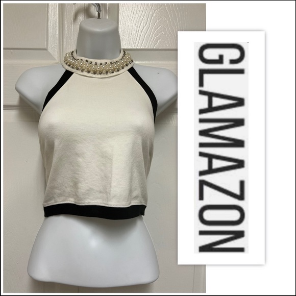Glamazon Black/White Jeweled Halter Crop Top - Picture 1 of 8